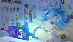 1boy blue_eyes blue_hair cetoddle figure gen_4_pokemon grusha_(pokemon) highres iono_(pokemon) nintendo orrrrrrya pokemon pokemon_sv rotom rotom_phone snowboard solo stuffed_toy