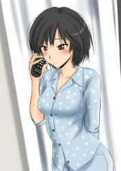 1girl amagami black_eyes black_hair blush bob_cut breasts brown_eyes cleavage female_focus murasaki_iro nanasaki_ai pajamas phone polka_dot short_hair sleeves_rolled_up solo