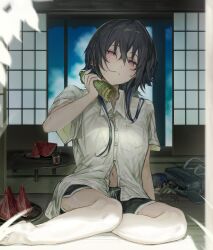 08_zerohati 1girl absurdres architecture bag bare_arms bare_legs barefoot black_hair black_shorts blue_hair bottle bottle_to_cheek breast_pocket breasts chabudai_(table) character_doll collared_shirt commentary_request crossed_bangs day doll dolphin_shorts drawstring east_asian_architecture food fruit glass hair_between_eyes highres holding holding_bottle hot ichinose_uruha indoors long_hair looking_at_viewer lupinus_virtual_games multicolored_hair navel open_door parted_lips partially_unbuttoned pocket purple_eyes school_bag shirt short_shorts short_sleeves shorts shouji sitting sliding_doors solo sweat table tatami tray virtual_youtuber vspo! watermelon watermelon_slice white_shirt wolf_cut yokozuwari