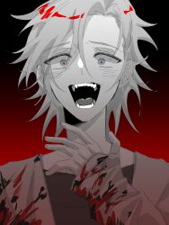 Rule 34 | 1boy, blood, blood on clothes, blue eyes, chinese commentary, commentary request, constricted pupils, crazy eyes, crazy smile, curtained hair, fangs, gradient background, greyscale with colored background, hand on own neck, highres, jacket, jintou bangbangtang, kanou aogu, long sleeves, male focus, open clothes, open jacket, open mouth, portrait, red pupils, saibou shinkyoku, short hair, sleeves past wrists, smile, solo, spot color, variant set
