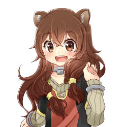1girl :d alternate_eye_color animal_ear_fluff animal_ears black_dress brown_eyes brown_hair child collar collarbone commentary dress english_commentary flat_chest hair_between_eyes hand_up highres long_hair long_sleeves looking_at_viewer messy_hair metal_collar metal_hair_tubes metal_wrist_cuffs open_mouth raccoon_ears raccoon_girl raphtalia red_dress short_sleeves simple_background smile snkagawa solo striped_clothes striped_dress tate_no_yuusha_no_nariagari teeth two-tone_dress upper_teeth_only vertical-striped_clothes vertical-striped_dress white_background white_dress