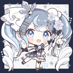 Rule 34 | aobahosino, blue eyes, blue hair, blue skirt, chibi, chibi only, drill hair, fang, full body, hatsune miku, holding, holding wand, multicolored hair, open mouth, rabbit, skirt, smile, snowflakes, socks, two-tone hair, vocaloid, wand, white hair, white socks, yuki miku, yuki miku (2025)