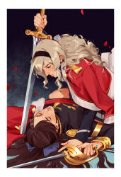 2girls arm_out_of_sleeve arm_support basket_hilt black_headband black_jacket blonde_hair blue_bow blush bow brown_hair closed_eyes closed_mouth commentary cuff_links dark_background defeat epaulettes falling_petals gold_trim hair_bow hair_over_one_eye hair_spread_out half-closed_eyes headband high_collar highres holding holding_sword holding_weapon jacket jacket_on_shoulders lesly_oh long_hair looking_at_another lying military_dress_uniform military_uniform multiple_girls on_back petals red_jacket red_sash saijou_claudine sash shoujo_kageki_revue_starlight straddling sword tendou_maya wavy_hair weapon white_trim yuri