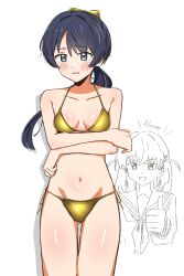 Rule 34 | 2girls, :d, arms under breasts, bare shoulders, bikini, blue eyes, blue hair, blush, breasts, breasts apart, collarbone, cowboy shot, embarrassed, english text, gold bikini, golden week, golden week bikini, hair intakes, hair ornament, highres, hinoshita kaho, link! like! love live!, long hair, love live!, low ponytail, medium breasts, medium hair, multiple girls, murano sayaka, navel, open mouth, parted lips, ponytail, rabbit hair ornament, side-tie bikini bottom, simple background, smile, solo focus, standing, stomach, string bikini, suitou (suitou 55), swimsuit, thumbs up, two side up, virtual youtuber, white background