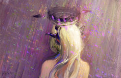 1girl bare_back bare_shoulders blue_archive demon_girl demon_horns from_behind grey_hair halo hina_(blue_archive) horns long_hair painterly purple_halo solo wucai_banlan_yu
