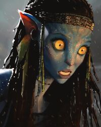 1other avatar_(2009_movie) black_hair blue_skin colored_sclera colored_skin constricted_pupils dreadlocks earrings facial_tattoo green_sclera headband highres hoop_earrings james_cameron&#039;s_avatar jewelry necklace neytiri open_mouth pointy_ears portrait sam_yang sharp_teeth solo tattoo teeth yellow_eyes