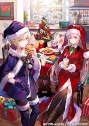 Rule 34 | 2girls, artoria pendragon (fate), blue gloves, blue santa costume, boots, bow, braid, burger, cape, chicken nuggets, christmas, christmas tree, cup, disposable cup, drinking straw, fast food, fate/grand order, fate (series), florence nightingale (fate), florence nightingale (santa) (fate), food, fou (fate), french fries, front slit, fur-trimmed boots, fur-trimmed cape, fur-trimmed headwear, fur-trimmed sleeves, fur boots, fur trim, fuzichoco, gift, gloves, grey hair, hair bun, hair ribbon, hat, high heels, holding, ketchup, kitchen, lettuce, long hair, mcdonald&#039;s, multicolored bow, multiple girls, official art, ribbon, saber alter, santa alter, santa costume, santa hat, sauce, sesame seeds, sidelocks, sitting, snowman, standing, stove, striped ribbon, table, utensil rack, white gloves, yellow eyes