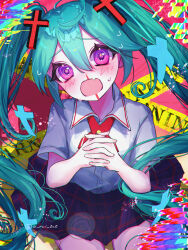 1girl @_@ absurdres ahoge ame_namida blood blush caution_tape collared_shirt commentary_request confessions_of_a_rotten_girl_(vocaloid) cross cross_hair_ornament cross_tie fang hair_ornament hatsune_miku highres long_hair looking_at_viewer nosebleed own_hands_clasped own_hands_together plaid_clothes plaid_skirt purple_eyes school_uniform shirt short_sleeves sitting skin_fang skirt solo sweat twintails very_long_hair vocaloid