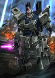 Rule 34 | absurdres, battle damage, energy sword, blurry, blurry background, blurry foreground, bullet hole, commentary, debris, english commentary, feet out of frame, fire, glowing, glowing eyes, gundam, gundam 08th ms team, gundam ez8, highres, holding, holding sword, holding weapon, looking at viewer, mecha, mecha focus, missing limb, mobile suit, no humans, outdoors, porukima, radio antenna, red eyes, robot, science fiction, smoke, solo, standing, sword, thrusters, weapon