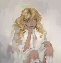 Rule 34 | 1girl, blonde hair, blue nails, cowboy shot, dress, frilled sleeves, frills, hair over shoulder, halo, hand on own face, head tilt, highres, lace, lace-trimmed thighhighs, lace trim, long hair, looking at viewer, macaronijail, omniscient reader&#039;s viewpoint, painterly, sitting, solo, thighhighs, uriel (omniscient reader&#039;s viewpoint), white dress, white eyes, white thighhighs