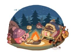 border campfire closed_eyes commentary_request cup embers fire food holding holding_cup kirby kirby&#039;s_return_to_dream_land kirby_(series) magolor marshmallow mug night night_sky nintendo outdoors outside_border roasting sitting sky soyoko star_(sky) tree watermark white_border