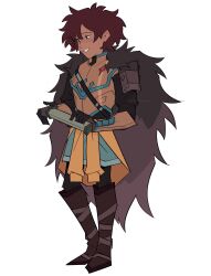 1girl absurdres amphibia anne_boonchuy armor black_pantyhose boots breastplate brown_eyes brown_hair cape clothes_around_waist dark_skin full_body fur_cape gloves highres jacket jacket_around_waist long_sleeves pantyhose shimmyoh skirt smile standing teeth white_background