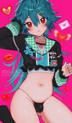 Rule 34 | 1boy, absurdres, bulge, flaccid, green hair, highres, micro panties, navel, orange eyes, panties, place bo kki, thong, trap, underwear