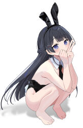 1girl absurdres animal_ears barefoot black_hair black_necktie blue_eyes blunt_ends blush braid covered_mouth detached_collar dot_nose fake_animal_ears fake_tail highres leotard long_hair looking_at_viewer necktie nijisanji nikuya_mugi playboy_bunny rabbit_ears rabbit_tail solo squatting tail toes tsukino_mito v virtual_youtuber white_background