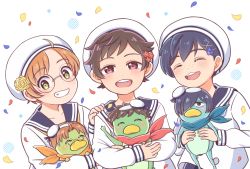 3boys :d animal blue_scarf blush brown_hair closed_eyes confetti crossed_arms facing_viewer flower freckles green_eyes hair_flower hair_ornament hand_on_another&#039;s_shoulder hat highres holding holding_animal jinnai_enta kappa kuji_toi looking_at_viewer male_focus mesyoko multiple_boys open_mouth orange_scarf parted_bangs red_scarf sailor_hat sarazanmai scarf school_uniform serafuku shirt short_hair simple_background smile upper_body white_background white_shirt yasaka_kazuki