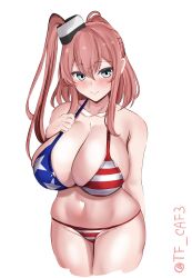 Rule 34 | 1girl, alternate costume, american flag, american flag bikini, american flag print, bikini, blue eyes, breasts, brown hair, cleavage, closed mouth, collarbone, commentary, cropped legs, english commentary, flag print, flag print bikini, groin, hair between eyes, highres, huge breasts, kantai collection, long hair, looking at viewer, navel, one-hour drawing challenge, print bikini, print swimsuit, saratoga (kancolle), side ponytail, smile, smokestack, solo, swimsuit, tf cafe, twitter username, white background