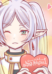 1girl absurdres blue_eyes box frieren gift gift_box heart-shaped_box highres niji_papa one_eye_closed portrait solo sousou_no_frieren straight-on valentine white_hair