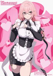 1girl alternate_costume aoi_suzu apron black_dress black_thighhighs blush breasts center_frills closed_mouth corset dress enmaided frills glasses heart heart_hands highres large_breasts long_hair long_sleeves looking_at_viewer maid pink_hair purple_eyes sidelocks single_thighhigh smile solo standing sweat thighhighs thighs tsukishiro_yanagi waist_apron white_apron zenless_zone_zero