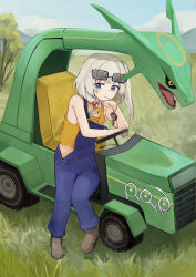 Rule 34 | 1girl, absurdres, alternate costume, bare shoulders, blonde hair, blue eyes, blue pants, blue sky, boots, candy, clodsire, denim overalls, eyewear on head, food, full body, gen 2 pokemon, gen 3 pokemon, grass, highres, holding, holding candy, holding food, holding lollipop, leaning, legendary pokemon, lollipop, lollipop in mouth, looking to the side, marimari (vtuber), nintendo, ok1teru, one side up, outdoors, pants, phase connect, pokemon, rayquaza, sky, solo, suspenders, tractor, tree, unown, unown q, unown r, unown z