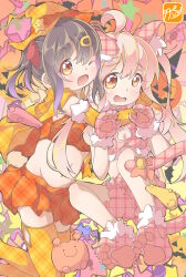 2girls animal_ears animal_feet animal_hands bat_(animal) bra brown_hair cape cat_cutout cleavage_cutout clothing_cutout commentary_request elbow_gloves fake_animal_ears fake_tail genderswap genderswap_(mtf) gloves halloween halloween_costume hat highres jack-o&#039;-lantern midriff miniskirt multicolored_hair multiple_girls onii-chan_wa_oshimai! open_mouth orange_bra orange_eyes orange_headwear orange_skirt oyama_mahiro oyama_mihari pink_bra pink_hair pumpkin purple_hair siblings signature sisters skirt socks streaked_hair tail takecho thighhighs underwear witch_hat yellow_socks