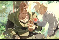 2boys absurdres android_16 apple armor bent_over blonde_hair chinese_clothes commentary_request dragon_ball dragonball_z earrings food fruit grass green_eyes highres indian_style jewelry letterboxed male_focus mohawk multiple_boys open_mouth orange_eyes roku_(roku_0141) sitting smile son_gohan squirrel sunlight super_saiyan super_saiyan_1 tree
