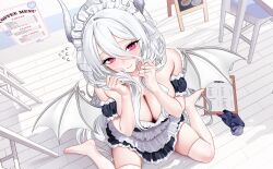 1girl absurdres bare_shoulders black_dress breasts chano39 cleavage closed_mouth commission detached_sleeves dragon_horns dragon_tail dress embarrassed frilled_dress frills from_above hair_between_eyes hands_up highres holding holding_own_hair horns large_breasts long_hair looking_at_viewer maid_headdress mole mole_on_breast mole_under_eye no_shoes on_floor original pink_eyes red_eyes short_sleeves sitting solo sweatdrop tail thighhighs very_long_hair wariza white_hair white_thighhighs zettai_ryouiki