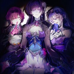 3girls bare_shoulders behind_another black_coat black_swan_(honkai:_star_rail) blunt_bangs card center_opening chest_belt chinese_commentary closed_mouth coat collared_shirt detached_collar detached_sleeves dress earpiece earrings expressionless eyewear_on_head friends frilled_dress frilled_sleeves frills gem glint gloves hair_between_eyes hair_up hand_to_own_mouth hand_up happy headpiece highres holding holding_card honkai:_star_rail honkai_(series) hysilens_(honkai:_star_rail) index_finger_raised jewelry kafka_(honkai:_star_rail) light_smile long_hair long_sleeves multicolored_dress multiple_girls necklace one_eye_closed open_mouth pearl_(gemstone) pearl_earrings pearl_necklace purple_eyes purple_hair purple_veil qingdianzi round_eyewear see-through_clothes see-through_sleeves shirt smile spotlight standing sunglasses thighs upper_body veil wavy_hair white_shirt