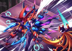 Rule 34 | 1boy, absurdres, armor, battle, blonde hair, blue armor, bug, dated, energy sword, helmet, herculious anchus, highres, holding, holding sword, holding weapon, innovator123, kuwagust anchus, long hair, mega man (series), mega man zero (series), mega man zero 2, non-humanoid robot, red armor, red helmet, robot, robot animal, sword, weapon, z saber, zero(z) (mega man), zero (mega man)