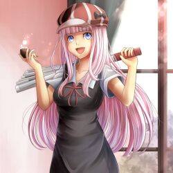 1girl black_bow blue_eyes bow breasts fujiwara_chika hand_fan hat izzat_emir_muzhaffar kaguya-sama_wa_kokurasetai_~tensai-tachi_no_renai_zunousen~ long_hair paper_fan pink_hair school_uniform short_sleeves smoking_pipe