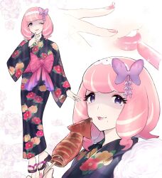 1girl black_kimono bow closed_mouth commentary_request cosmetics eyelashes eyeshadow floral_print food hand_up highres holding holding_skewer japanese_clothes kimono klara_(pokemon) lipstick lipstick_tube looking_at_viewer makeup medium_hair multiple_views nail_polish nintendo parted_lips pink_eyeshadow pink_hair pink_lips pink_nails pokemon pokemon_swsh purple_bow sandals sash shaded_face skewer smile toenail_polish toenails toes tudurimike zouri