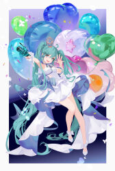 Rule 34 | 1girl, absurdly long hair, absurdres, ankle bow, ankle ribbon, aqua eyes, aqua hair, aqua ribbon, argyle clothes, argyle cutout, aryarwr, balloon, bare arms, bare legs, blue background, blue bow, blue choker, blue gemstone, border, bow, breasts, bug, butterfly, cape, choker, clothing cutout, commentary, confetti, crown, dark background, dress, eyelashes, flats, flower balloon, full body, gem, gradient background, hair between eyes, hand up, hatsune miku, heart balloon, highres, holding, holding microphone, insect, knees apart feet together, lace, lace choker, layered dress, leg ribbon, lens flare, long hair, looking at viewer, microphone, neck ribbon, open mouth, outstretched arm, ribbon, scrunchie, shoes, short dress, sidelocks, small breasts, smile, solo, stomach cutout, strapless, strapless dress, tareme, teeth, twintails, underbust, upper teeth only, very long hair, vocaloid, waist bow, waist cape, white border, white bow, white butterfly, white cape, white dress, white scrunchie, white shoes, wrist scrunchie