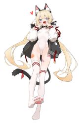 Rule 34 | 1girl, absurdres, animal ears, artist request, bandaid on thigh, black jacket, blonde hair, blue eyes, breasts, cat ears, cat tail, commission, fake animal ears, full body, heart, highres, jacket, long hair, long sleeves, looking at viewer, multicolored jacket, no shoes, one-piece swimsuit, open clothes, open jacket, open mouth, original, pointy ears, second-party source, simple background, small breasts, smile, solo, swimsuit, tail, thighhighs, twintails, two-tone jacket, very long hair, white background, white jacket, white one-piece swimsuit, white thighhighs