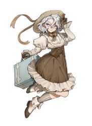 1girl absurdres alohapz boots bow bowtie brown_dress brown_gloves dress gloves grey_eyes grey_hair hat high-waist_skirt highres long_sleeves medium_hair original pleated_skirt puffy_sleeves ribbon shirt simple_background skirt suitcase white_background