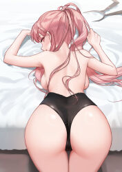 Rule 34 | 1girl, absurdres, animal ears, armpit peek, ass, back, backboob, bare back, bed sheet, bedroom, black headwear, black leotard, blunt bangs, breasts, cameltoe, commentary, english commentary, from behind, highres, hololive, hololive english, indoors, large breasts, leotard, long hair, looking at viewer, looking back, mori calliope, open mouth, pink eyes, pink hair, ponytail, rabbit ears, smile, smilesmile1312, solo, thighs, topless female, unworn headwear, virtual youtuber