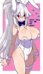 1girl animal_ears areola_slip bow bowtie breasts closed_mouth collarbone detached_collar fake_animal_ears fake_tail grey_hair hair_between_eyes heart highres large_breasts leotard long_hair looking_at_viewer original playboy_bunny ponytail rabbit_ears rabbit_tail red_eyes shiny_skin smile solo strapless strapless_leotard tail tsukinoha_mio very_long_hair white_leotard wrist_cuffs