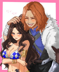 1boy 1girl arm_under_breasts armlet bandaged_arm bandages bare_shoulders blush bra bracelet breasts brown_hair cana_alberona cleavage closed_eyes collarbone commentary embarrassed facial_hair fairy_tail father_and_daughter gildarts_clive gold_armlet hair_bun hand_on_another&#039;s_head highres jewelry large_breasts long_hair mature_male medium_hair navel open_mouth orange_hair purple_eyes single_hair_bun stomach_tattoo sweat tattoo teeth tongue underwear yumiluna25