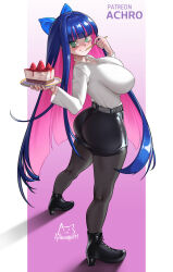 achromaru ankle_boots ass belt black_skirt blue_hair boots bow breasts cake cake_slice eating food full_body green_eyes hair_bow impossible_clothes impossible_shirt jewelry large_breasts legs long_sleeves looking_at_viewer looking_back miniskirt multicolored_hair necklace panty_&amp;_stocking_with_garterbelt pantyhose pearl_necklace pink_hair shiny_clothes shirt skirt stocking_(psg)