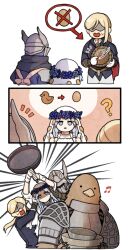 2boys 2girls animal_head apron armor arms_up basket bird_boy black_gloves black_scarf blonde_hair blue_eyes blue_jacket bowl breastplate covered_eyes covered_face donar0217 duchess_(elden_ring) elden_ring elden_ring_nightreign flower_wreath frying_pan gloves guardian_(elden_ring) helmet holding holding_basket holding_bowl holding_frying_pan jacket long_hair multiple_boys multiple_girls open_mouth pauldrons pink_apron ponytail revenant_(elden_ring) scarf shoulder_armor smile sweatdrop white_background white_gloves white_headdress winged_helmet wylder_(elden_ring)