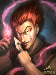 1boy absurdres ace_(playing_card) ace_of_spades card commentary facial_tattoo grin highres hisoka_(hunter_x_hunter) holding holding_card index_finger_raised jacket looking_at_viewer magic male_focus narutocuhh parted_lips pink_jacket playing_card pointy_hair red_hair signature sleeveless sleeveless_jacket smile solo spade_(shape) star_(symbol) tattoo teardrop tongue tongue_out tumblr_username watermark web_address yellow_eyes