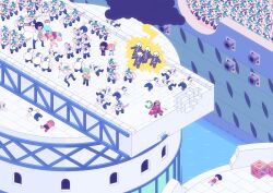 2girls 6+boys artist_name black_hair blue_hair boat cannon cape chain chibi cloud commentary disembodied_hand electricity english_commentary franky_(one_piece) green_hair hana_hana_no_mi highres isometric long_nose lv5plant marine_(one_piece) marine_uniform_(one_piece) monkey_d._luffy multiple_boys multiple_girls nami_(one_piece) nami_(one_piece)_(enies_lobby) nico_robin nico_robin_(water_7) one_piece open_mouth orange_hair pompadour red_cape roronoa_zoro short_hair usopp watercraft