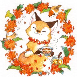 :3 animal animal_focus bird closed_eyes commentary_request cup finch flower fox highres holding holding_cup konatsu_tunacan leaf no_humans orange_flower orange_theme original simple_background solo_focus spoon tea teacup traditional_media white_background wreath
