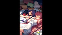 2girls :o ^_^ arm_up armpits bed black_border black_bow black_shirt blanket book border bow breasts breasts_squeezed_together brown_hair chest_bow cleavage closed_eyes closed_mouth collarbone commentary cowboy_shot cup dark day doki_doki_literature_club doki_doki_literature_club_plus dot_mouth dot_nose dress english_commentary eyebrows_hidden_by_hair fingernails from_above futon game_cg green_eyes green_tea hair_intakes hair_ornament hairclip half-closed_eyes hand_on_own_arm hand_on_own_chin head_on_hand head_on_pillow highres holding holding_book knees_up lace-trimmed_nightgown large_breasts legs_together lens_flare light_blush long_eyelashes long_hair long_sidelocks lying medium_breasts monika_(doki_doki_literature_club) multiple_girls nightgown non-web_source official_art on_back on_floor on_side one_eye_closed open_mouth parted_bangs pillarboxed pillow playstation_controller promotional_art purple_hair raised_eyebrows satchely shirt short_dress sidelocks sleeping sleepover spoon stretching sunlight swept_bangs tea tea_set teacup teapot thick_eyelashes thighs tray tsurime under_covers upper_body very_long_hair waking_up white_nightgown window_shadow wooden_floor yawning yuri_(doki_doki_literature_club)