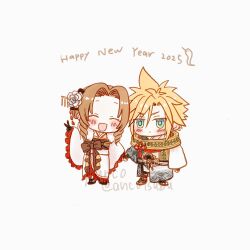 1boy 1girl 2025 aerith_gainsborough aerith_gainsborough_(festive_crimson_attire) ancotsubu aqua_eyes artist_name black_footwear blonde_hair boots brown_hair chibi chinese_zodiac closed_eyes cloud_strife cloud_strife_(official_festive_garb) earrings final_fantasy final_fantasy_vii final_fantasy_vii_ever_crisis flower flower_knot frilled_kimono frills fur-trimmed_kimono fur_trim furisode hair_between_eyes hair_flower hair_ornament happy_new_year highres holding_hands japanese_clothes jewelry kimono new_year obi official_alternate_costume open_mouth parted_bangs print_scarf rose sash scarf short_hair sidelocks single_earring sketch smile snake spiked_hair toeless_footwear twitter_username two-tone_kimono updo v white_flower white_kimono white_rose wide_sleeves year_of_the_snake