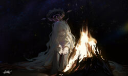 1girl ahoge black_halo blue_archive breasts character_name demon_girl demon_horns demon_wings fire halo hina_(blue_archive) horns long_hair looking_at_another night outdoors purple_eyes sitting small_breasts solo star_(sky) white_hair wings wucai_banlan_yu