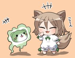 Rule 34 | +++, 1girl, :3, :d, animal ear fluff, animal ears, barefoot, blush, brown hair, closed eyes, commentary request, fox ears, fox girl, fox tail, full body, green ribbon, hand up, ko~n, kudamaki tsukasa, open mouth, otter spirit (touhou), ribbon, rokugou daisuke, short hair, short sleeves, signature, simple background, sleeve ribbon, smile, standing, tail, touhou, white romper