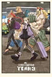 alex_(street_fighter) backpack bag bald blanka blanka-chan blonde_hair braid braided_ponytail crimson_viper from_side grey_hair han_juri headband highres holding holding_bag holding_suitcase ingrid_(capcom) looking_at_viewer muscular muscular_male pompadour red_hair rolling_suitcase sagat street_fighter street_fighter_6 suitcase takeuchi_ryousuke walking