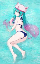 Rule 34 | 1girl, absurdres, animal ears, animal hat, aqua eyes, aqua hair, ass, back, barefoot, bikini, blue bikini, blush, breasts, butt crack, cat ears, cat hat, closed mouth, feet, fortnite, futatunoniji, gradient hair, hair ornament, hairclip, hat, hatsune miku, highres, long hair, looking at viewer, multicolored hair, neko hatsune miku, pink hair, small breasts, solo, swimsuit, toes, twintails, vocaloid, water