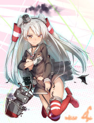 10s 1girl 3: amatsukaze_(kancolle) artist_name buttons choker collarbone covering_breasts covering_crotch covering_privates dated dress female_focus full_body garter_straps gloves hair_tubes hat highres kantai_collection lifebuoy long_hair looking_at_viewer machinery mini_hat navel ninnzinn o_o orange_eyes red_thighhighs rensouhou-kun sailor_collar sailor_dress ship_turret short_dress signature silver_hair single_glove smoke solo striped_clothes striped_thighhighs swim_ring tears thighhighs torn_clothes torn_dress twintails two_side_up very_long_hair white_gloves