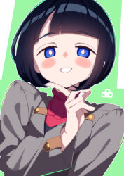 1girl 85neko absurdres black_hair blue_eyes blush bob_cut bright_pupils coat commentary_request grey_coat gundam gundam_gquuuuuux highres looking_at_viewer mature_female red_sweater shiiko_sugai smile solo sweater upper_body white_pupils