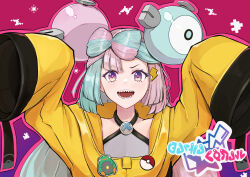 &gt;:) 1girl aqua_hair arms_up bellibolt blue_hair bow-shaped_hair character_hair_ornament gradient_background hair_ornament hairstyle_request highres iono_(pokemon) jacket light_blue_hair lightning_bolt lightning_bolt_hair_ornament lightning_bolt_symbol long_sleeves looking_at_viewer multicolored_hair nintendo open_mouth oversized_clothes pink_hair pokemon pokemon_sv purple_eyes sharp_teeth sleeves_past_fingers sleeves_past_wrists smile solo split-color_hair straight-on teeth tentaizukan two-tone_hair upper_body v-shaped_eyebrows very_long_sleeves x yellow_jacket